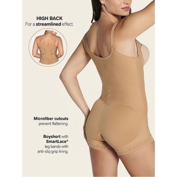 🆕Leonisa Power Slim Bodysuit Body Shaper Boy Short Beige Lace Zipper Braless - Picture 6 of 6